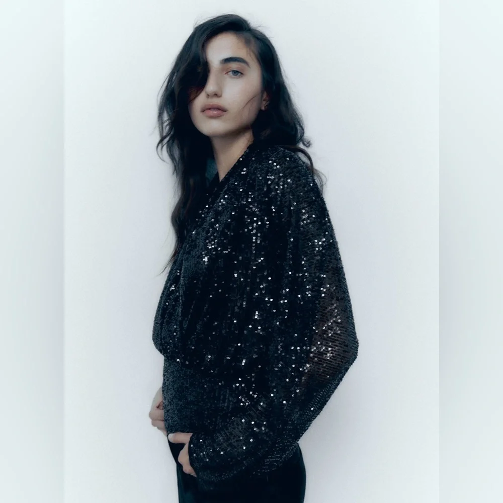 NWT Zara Draped Black Sequin Blouse - Picture 5 of 13
